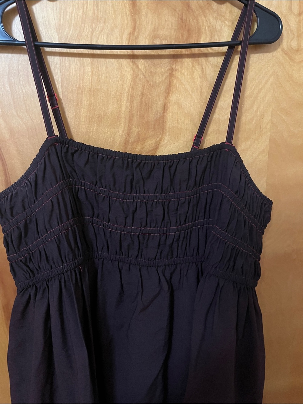 brown maxi dress with red stitching